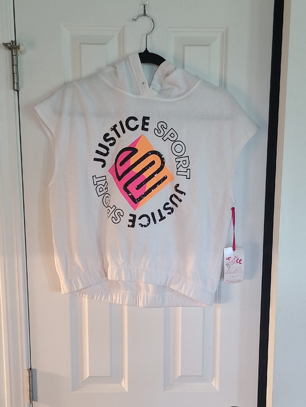 Justice White Sleeveless Hooded Top with Pink & Orange Logo